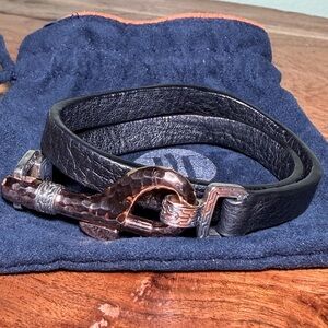 JOHN HARDY SS .925 and double Wrap Black Leather Bracelet. Hook Clasp. 8in